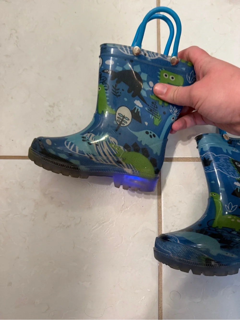 Kids Blue & Green Dino Light Up Rain Boots
